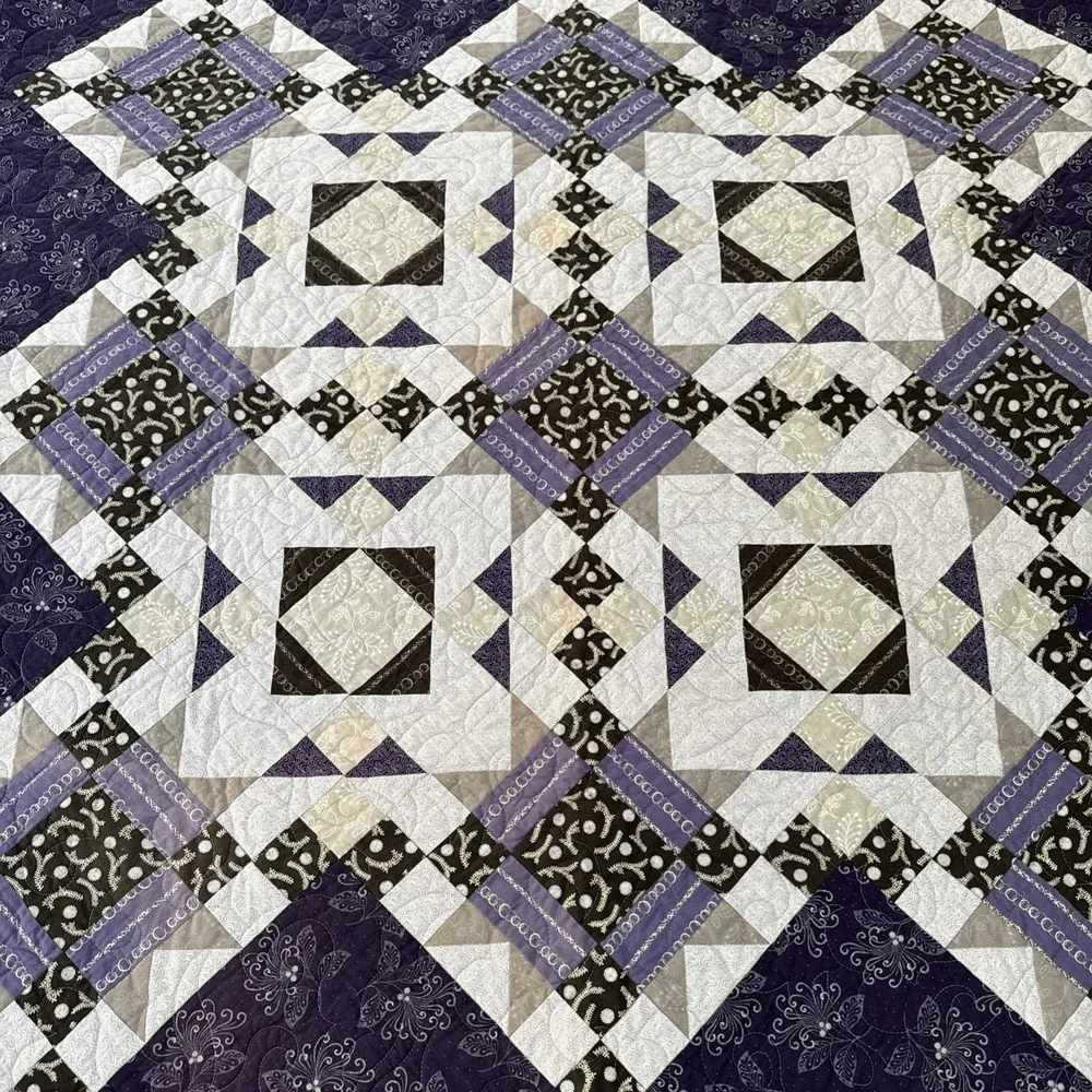 HANDMADE MACHINE QUILTED PURPLE PATCHWORK STAR LAP QUILT BLANKET 50